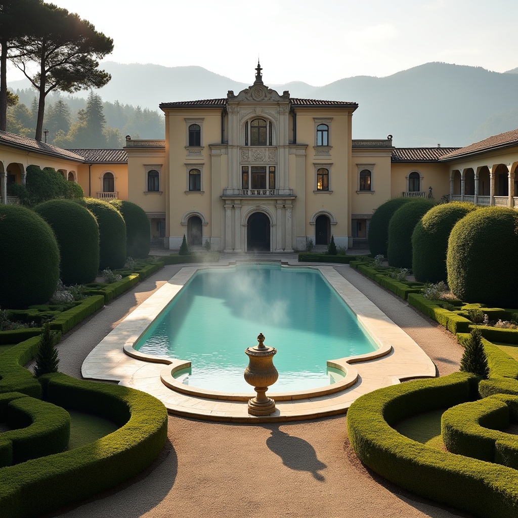 Hotel termale storico ad Abano Terme con piscina esterna riscaldata, architettura Liberty e giardini curati