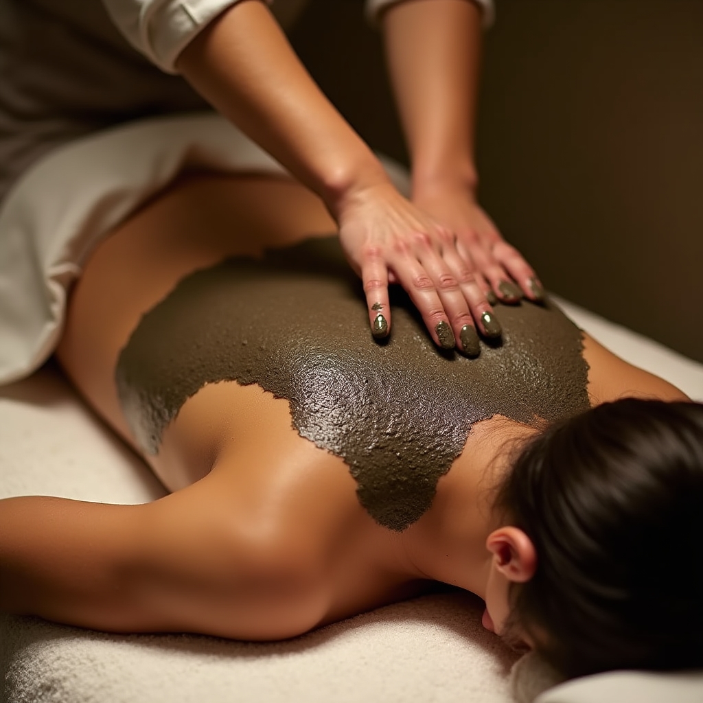 Trattamento di fangoterapia termale in una spa italiana, mani di operatore che applicano fango caldo su schiena di cliente