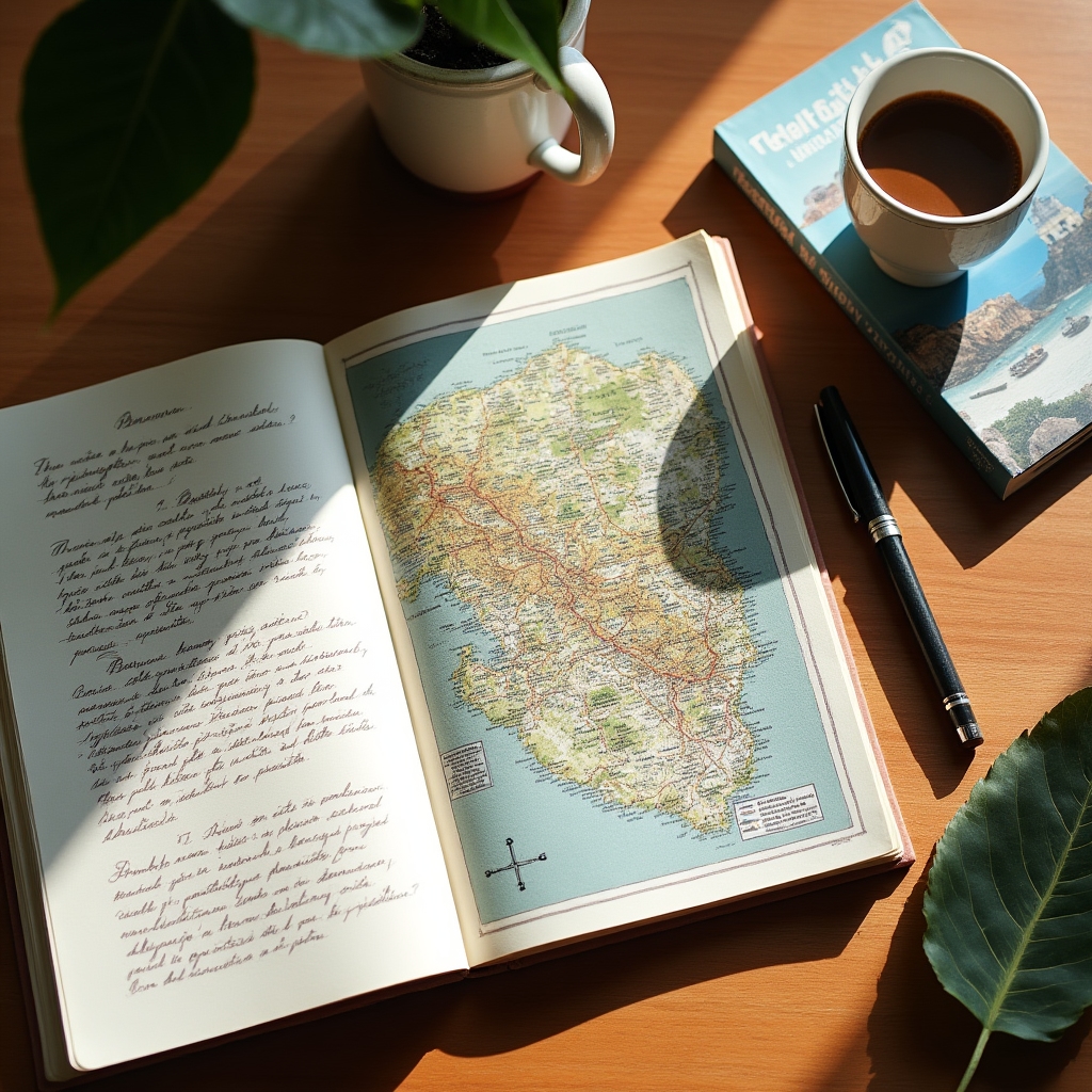 Viaggiatore che pianifica un itinerario termale italiano con mappa e guide su un tavolo luminoso