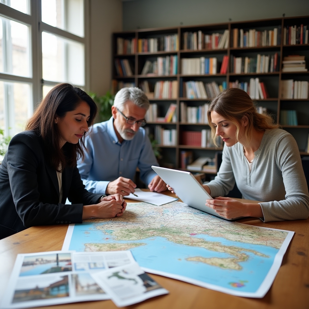 Team editoriale di Ivorenvixx al lavoro in uno studio con materiali di ricerca sulle destinazioni termali italiane