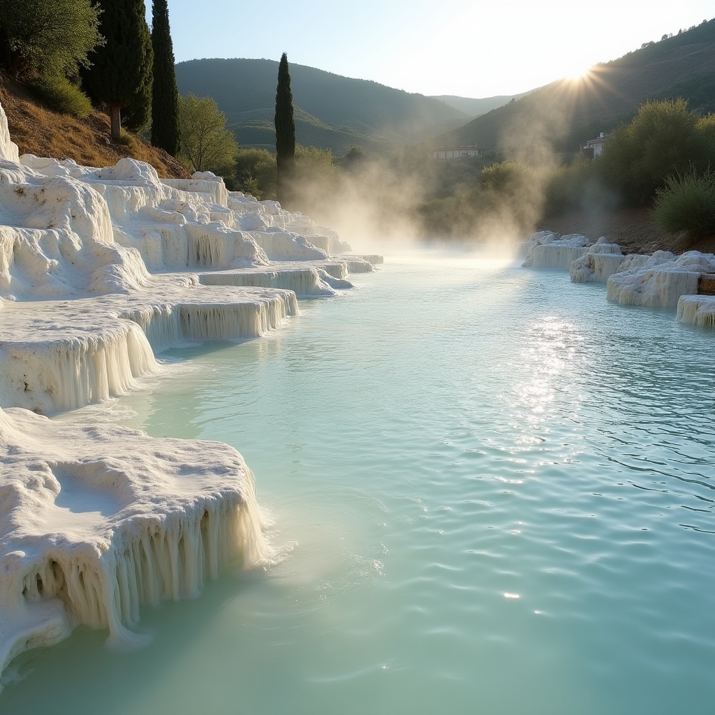 Le Cascate del Mulino a Saturnia con acque termali sulfuree che scorrono su travertino bianco nella campagna toscana