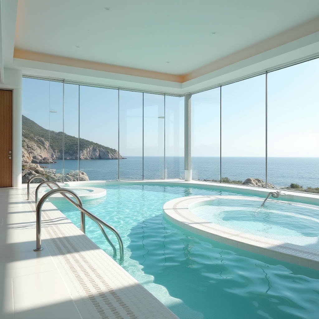Centro talassoterapia sulla costa con vasche di acqua marina, vista panoramica sul Mediterraneo e luce naturale dorata