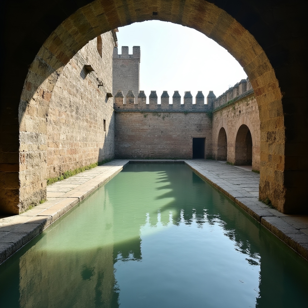 Piscina termale storica a Viterbo con acqua sulfurea cristallina, architettura medievale sullo sfondo e luce mattutina
